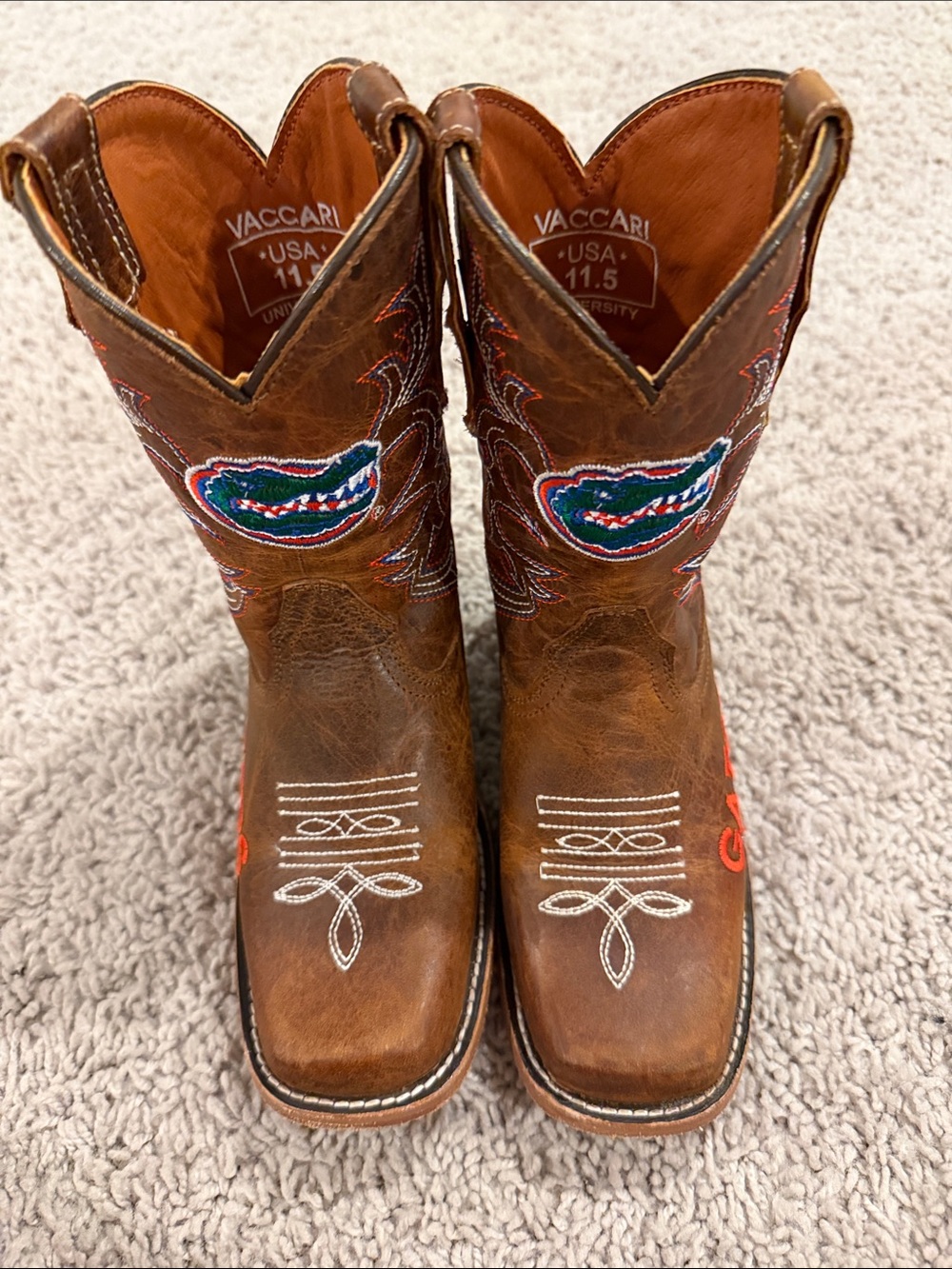 Vacari Kids' Brown Leather Cowboy Boots with Embroidered Blue & Green Logo
